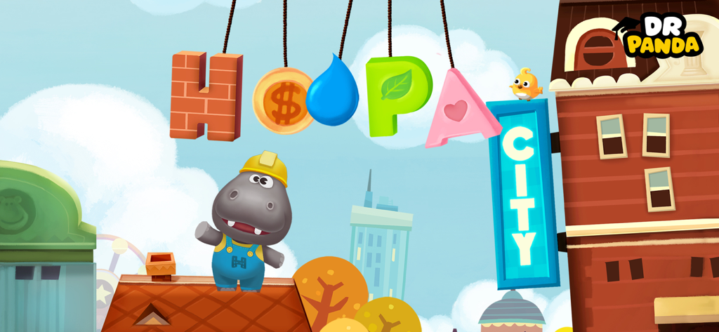 Hoopa City - Hoopa the hippo wearing a construction hat in front of the Hoopa City game logo and a colorful cartoon city.