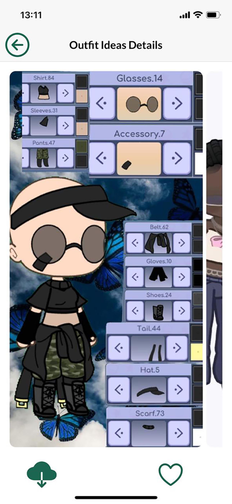 Funny Gacha : Outfit Ideas - Interfaz que muestra opciones de personalización de atuendos de personajes en la aplicación Funny Gacha