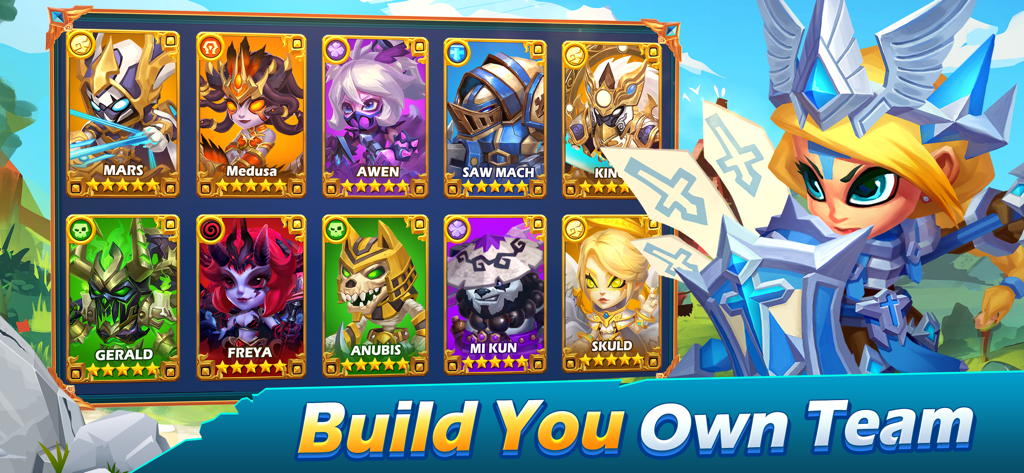 A collection of various hero character cards in Taptap Heroes with a text overlay saying Build Your Own Team
