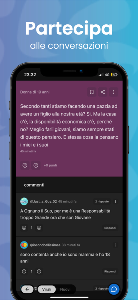 insegreto - Capture d'écran de l'interface de l'application insegreto affichant un post anonyme et des commentaires d'utilisateurs en italien.