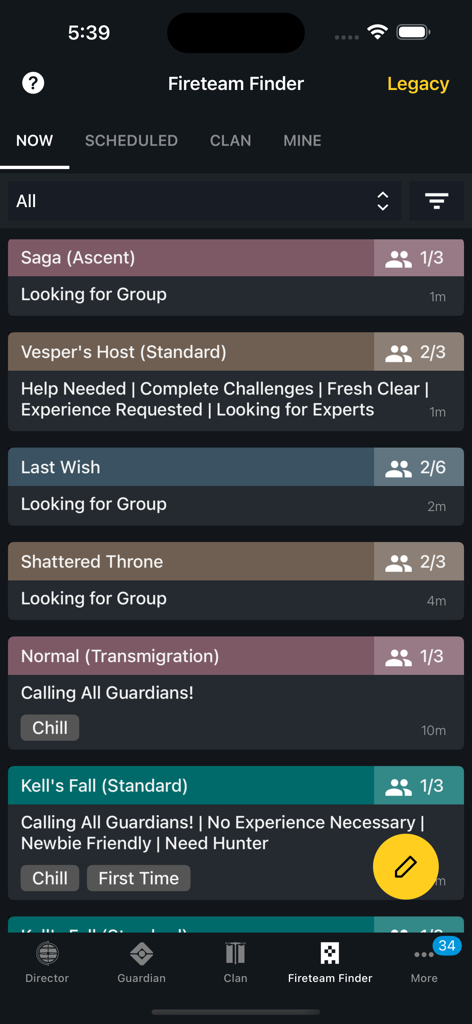 Destiny 2 Companion - A screenshot of the Fireteam Finder screen in the Destiny 2 Companion app showing a list of groups looking for players for various in-game activities.
