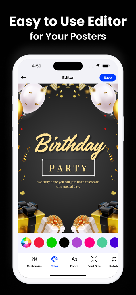 AI Poster Maker - Flyer Maker! - A mobile interface showing an easy-to-use editor for a birthday party poster with color and font tools