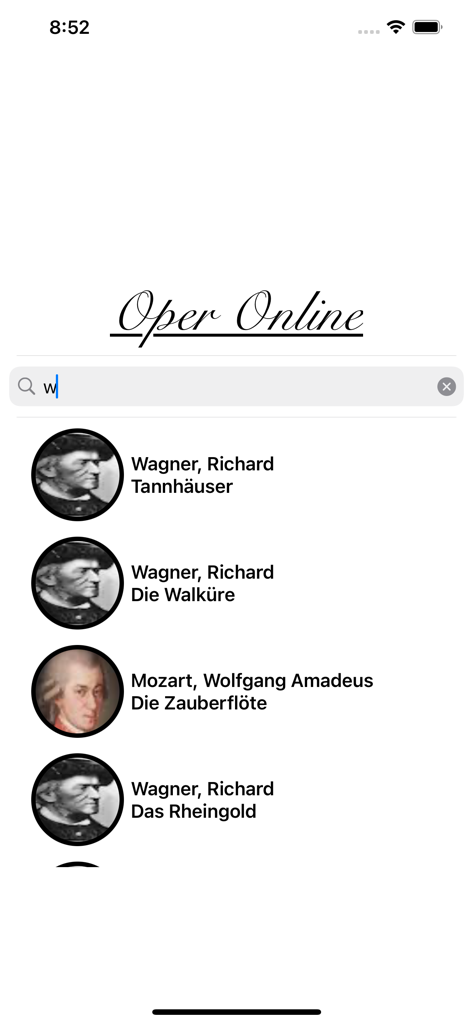 Oper online - Écran de recherche de l'application Oper online montrant une liste d'opéras par les compositeurs Wagner et Mozart