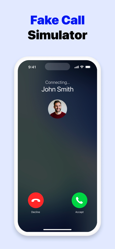 Fake call simulator interface on iPhone showing an incoming call from John Smith