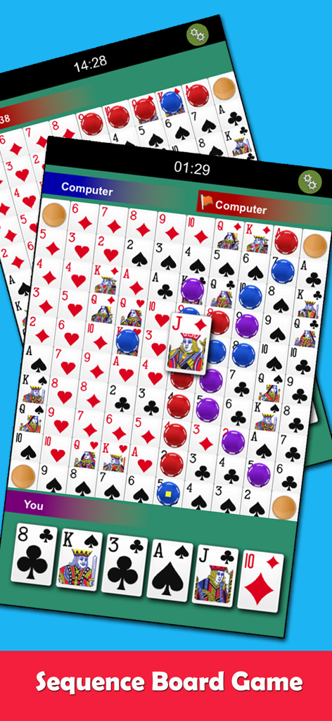 Wild Jack: Card Gobang - Wild Jack Card Gobang gameplay showing cards and colored chips on a sequence board