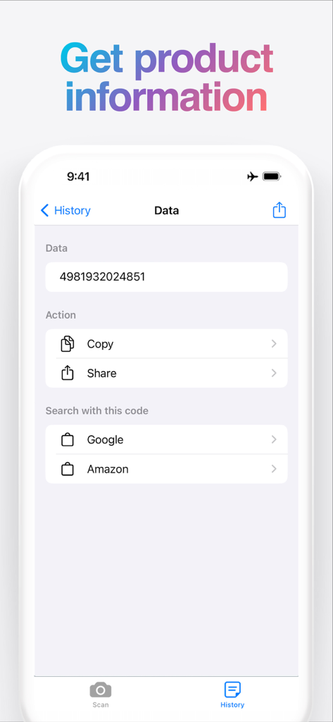 Barcode scanner app interface showing a scanned numeric code and options to search on Google or Amazon