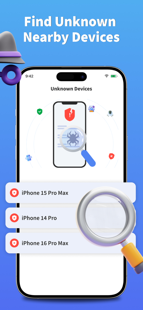Pantalla de la aplicación Prosec mostrando una función para detectar y encontrar dispositivos desconocidos cercanos como iPhones