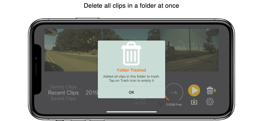 Interface do aplicativo SentryView no iPhone mostrando uma notificação para excluir todos os clipes do dashcam Tesla em uma pasta.