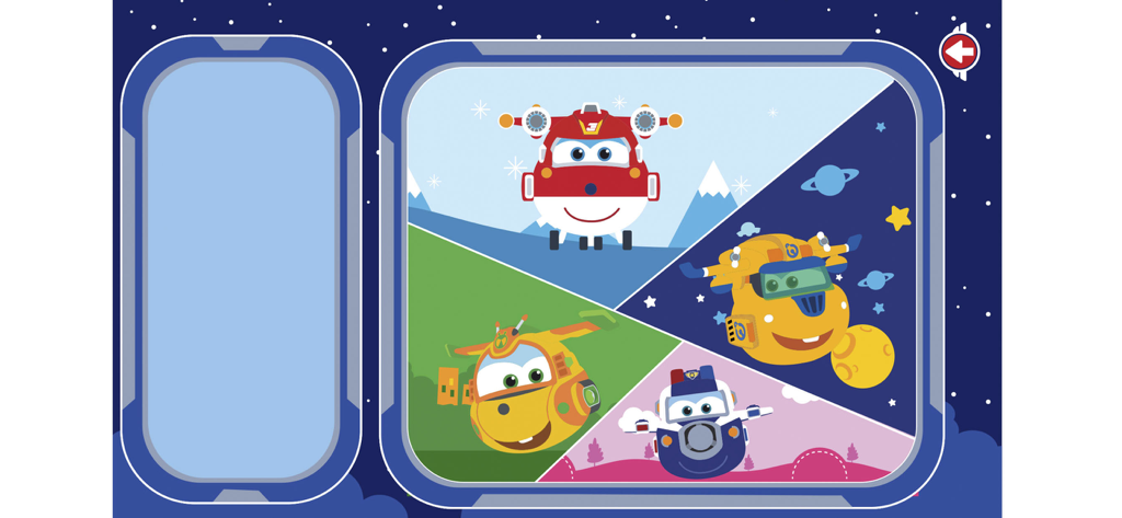 Super Wings - It's Fly Time - Pantalla de selección de personajes para Super Wings It's Fly Time mostrando a Jett, Donnie, Astra y Paul en diferentes entornos.