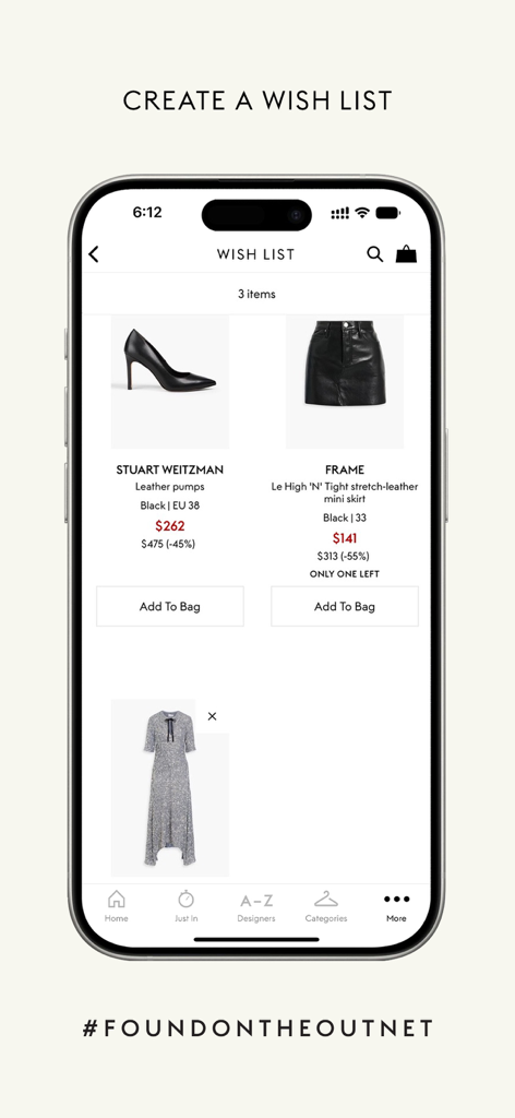 Interface do aplicativo móvel The Outnet mostrando uma lista de desejos de sapatos e roupas de grife.