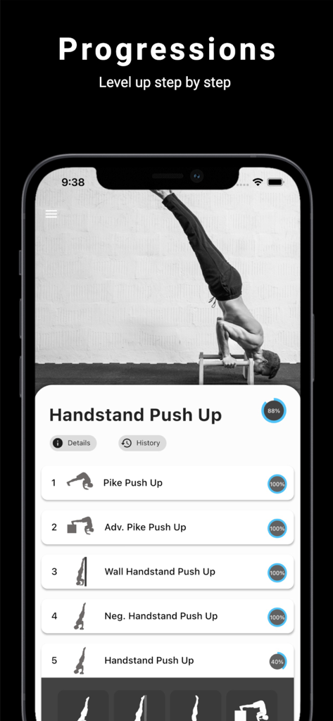 Thenics app interface showing step-by-step workout progressions for mastering a handstand push up.