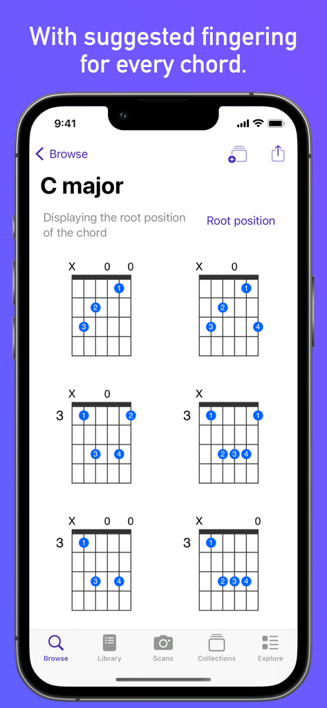 GtrLib Chords Pro 앱에서 제안된 운지법과 함께 C 장조 기타 코드 다이어그램을 표시하는 iPhone 화면.