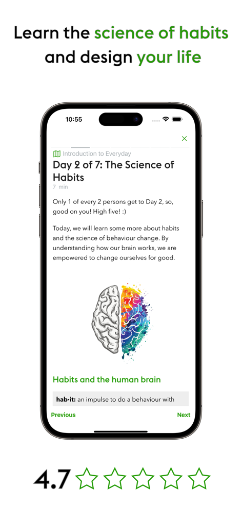 Educational screen in the everyday habit tracker app explaining the science of habits with a brain illustration.