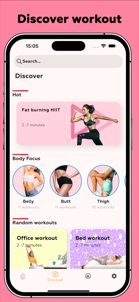 Women Workout - Burn Belly Fat - Interfaz de una app de fitness para mujeres que muestra varias categorías de entrenamiento, incluyendo enfoque en abdomen, glúteos y muslos.