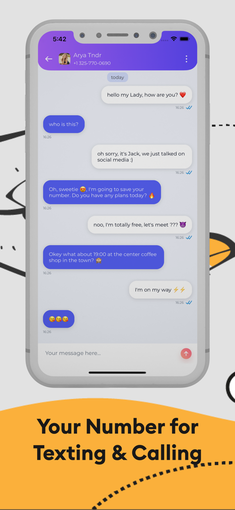 GSM+ Second Phone Number - Interfaz de mensajería de texto en la aplicación GSM plus que muestra una conversación utilizando un segundo número de teléfono para privacidad en citas.