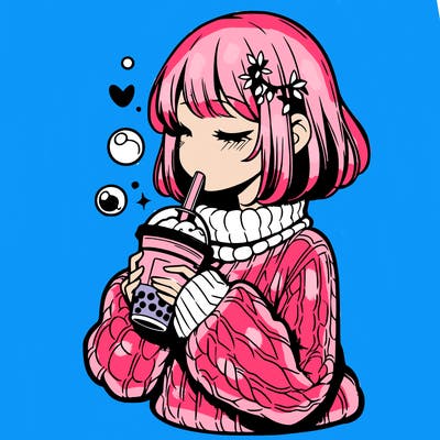 manga girl drinking boba in cozy sweater