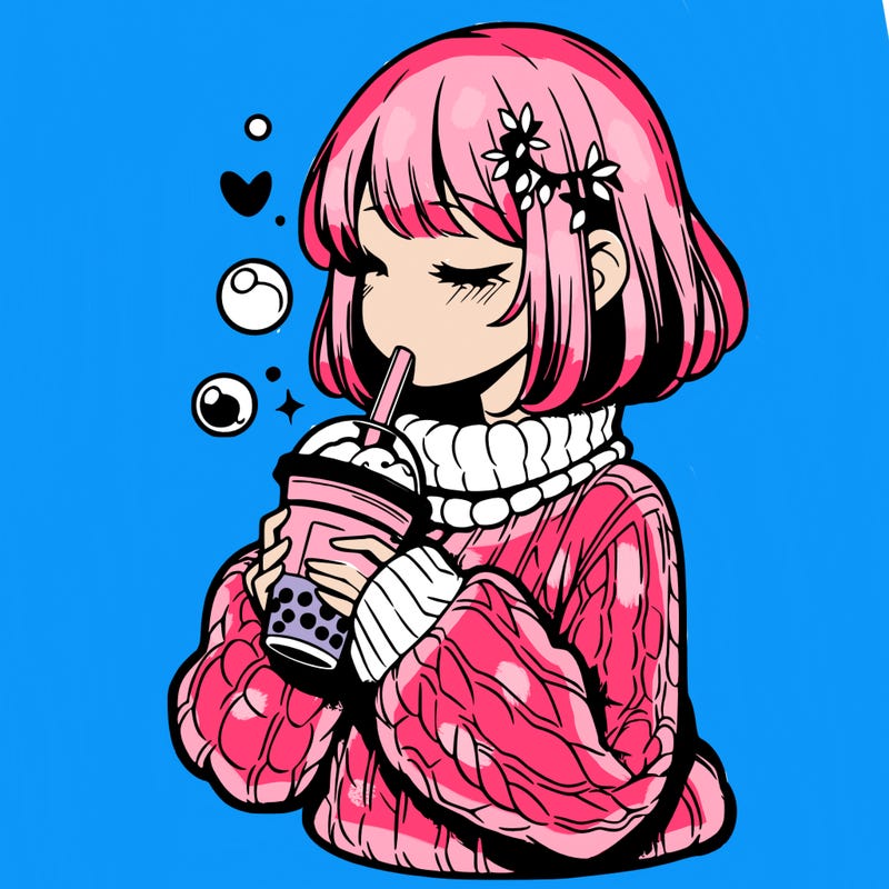 manga girl drinking boba in cozy sweater