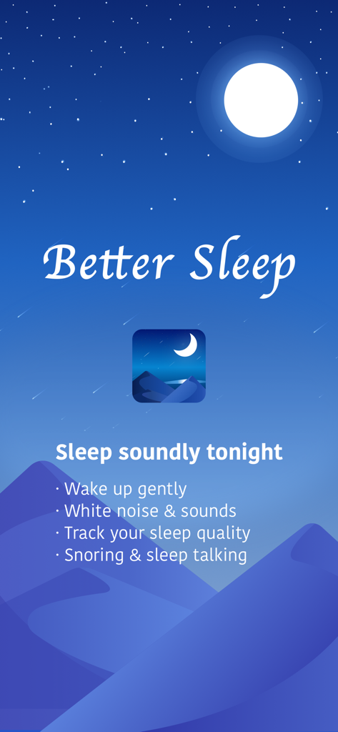 Screenshot der Better Sleep App, der Funktionen zur Schlafüberwachung, weißem Rauschen und sanftem Aufwecken vor einem Nachthimmelhintergrund zeigt.