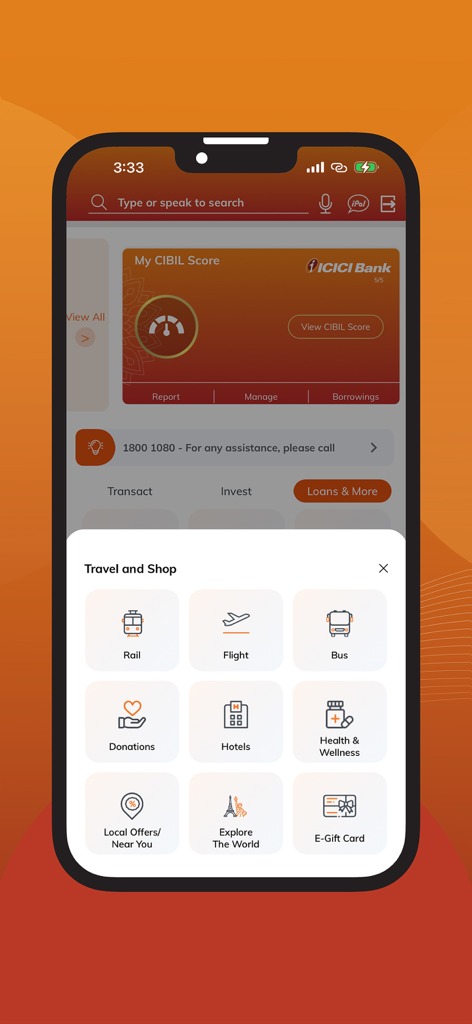 Travel and shopping menu options in the ICICI iMobile banking application