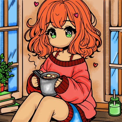 cute anime girl reading book and drinking hot chocolate from mug with loose wavy hair wearing a baggy sweatshirt and shorts sitting by windowsill looking out