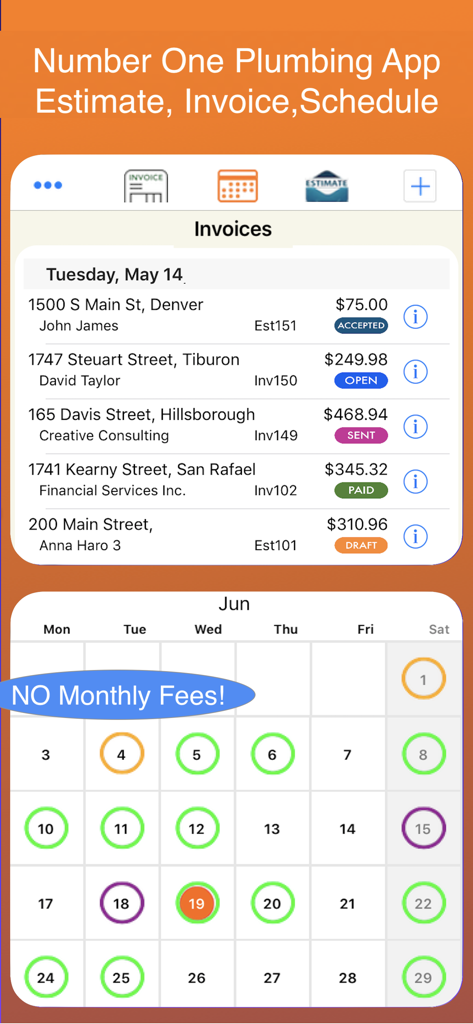 Mobile app interface showing a list of plumbing invoices and a monthly service schedule calendar.