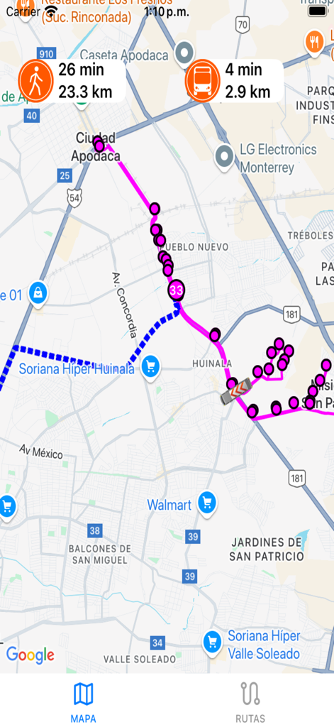 Circuito Contigo - Vista de mapa que muestra la ubicación del autobús en tiempo real y los tiempos estimados de llegada