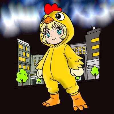 girl wearing a chicken onesie