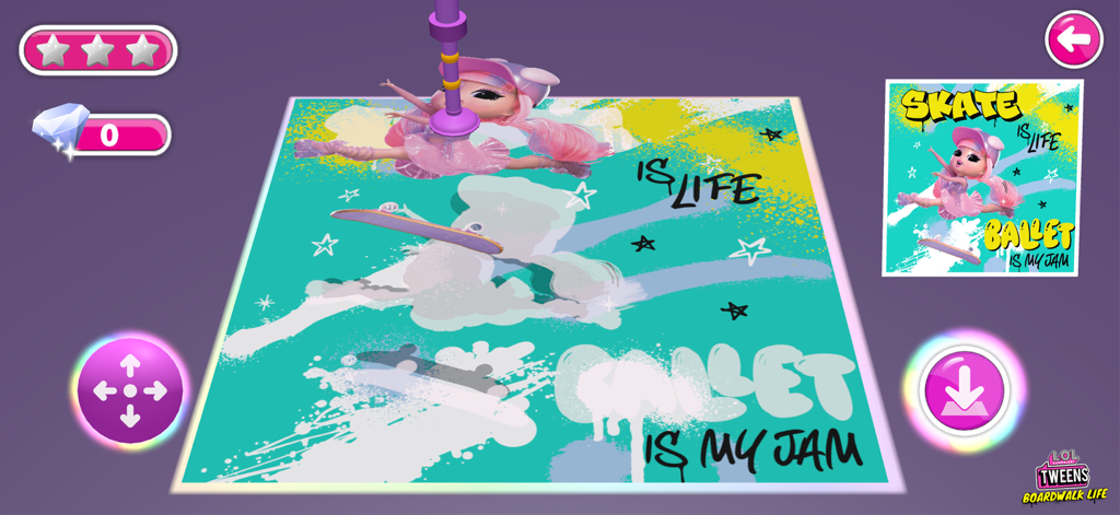 LOL Surprise Tweens의 창의적인 미니 게임 화면, 발레와 스케이트 테마로 스케이트 페스티벌 포스터를 디자인하는 캐릭터가 보임