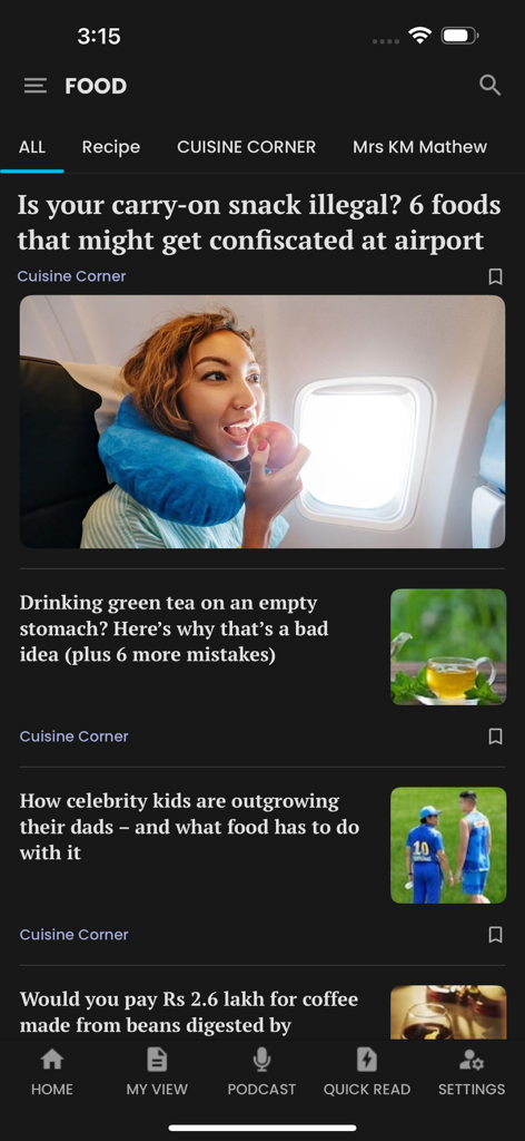 Manorama Online: News & Videos - Manorama Online Nachrichten-App, die den Food- und Lifestyle-Bereich mit Artikeln im dunklen Modus anzeigt