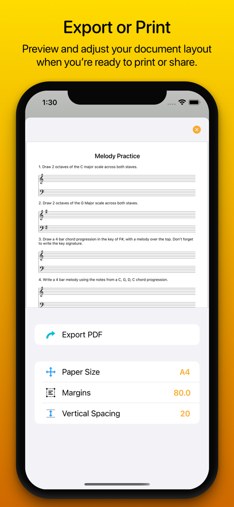 Mustud app interface showing a melody practice worksheet preview and PDF export settings.