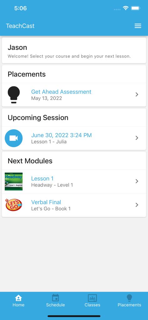 TeachCast - TeachCast-Studenten-Dashboard mit anstehenden Live-Englischsitzungen und Kursmodulen.