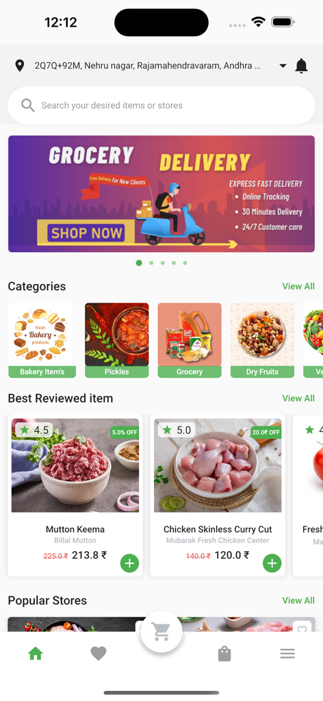 Schermata principale dell'app Fresco e Fresco che mostra banner per la consegna di generi alimentari, categorie come panetteria e sottaceti e prodotti a base di carne