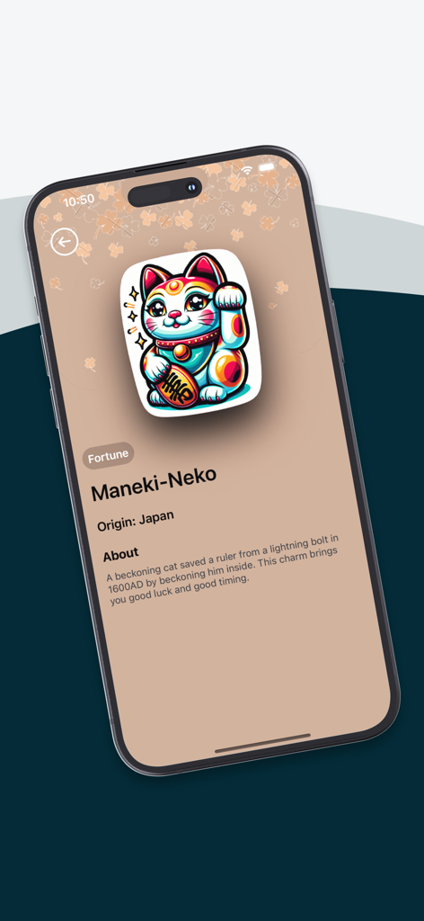 Lucky Charms App - Maneki-Neko Japanese luck charm description in the Lucky Charms App