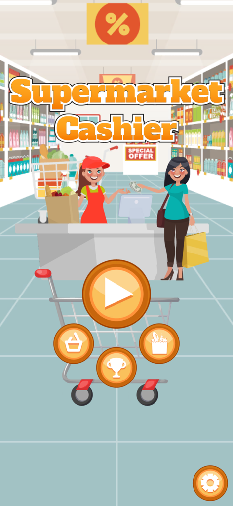 Main menu of the Supermarket Cashier Simulator game showing a cashier at a checkout counter and various game mode buttons.