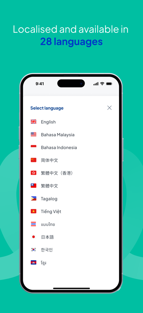 ThoughtFull: Mental Health App - Language selection screen in the ThoughtFull app showing support for 28 languages including English, Chinese, and Tagalog.