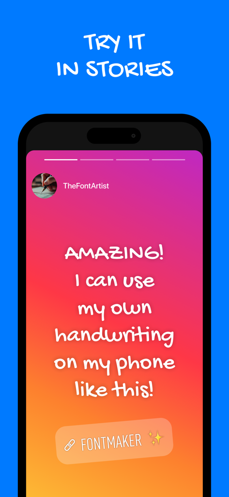 Fontmaker - Font Keyboard App - Un smartphone mostrando una historia de redes sociales con texto manuscrito personalizado creado con Fontmaker