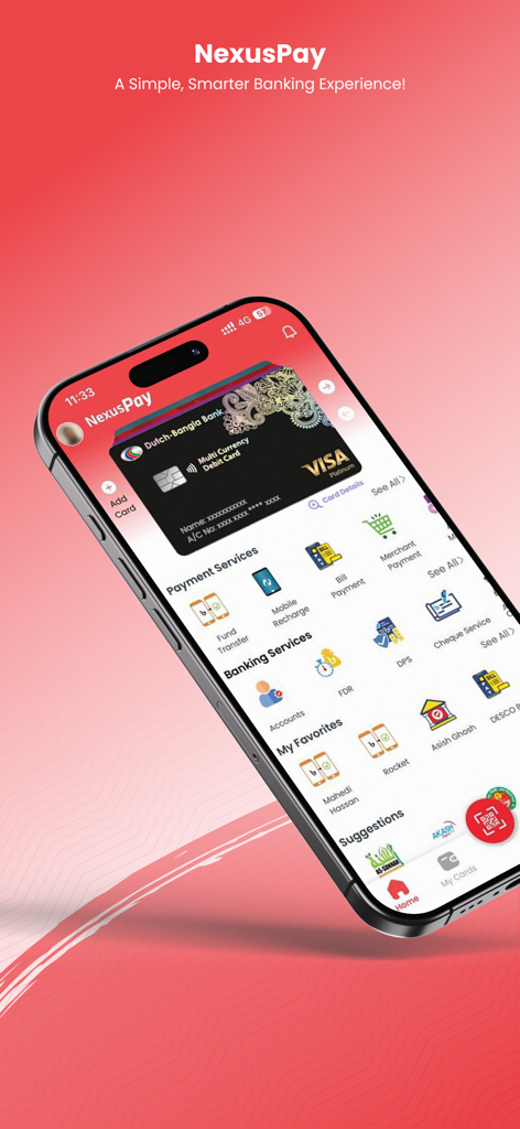 Pantalla de inicio de la aplicación móvil NexusPay que muestra tarjetas bancarias y servicios financieros