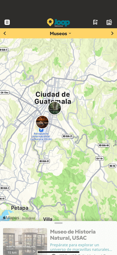 Joop - Joop app map interface showing museum locations and photo spots in Guatemala City