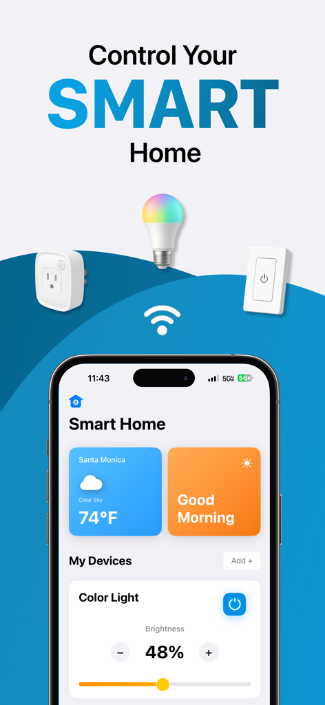Interfaccia dell'app Smart Home Controller che mostra la gestione dei dispositivi e i controlli delle luci intelligenti su uno schermo di iPhone