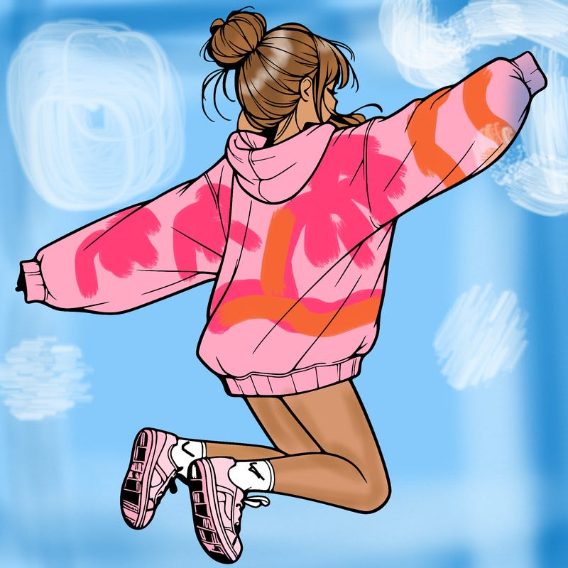 realistic girl jumping with a bun and oversized sweatshirt