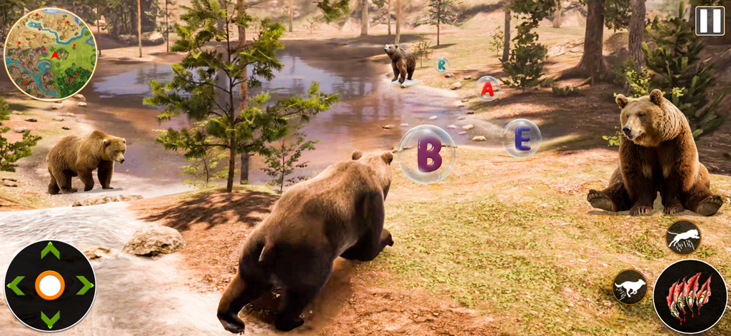 ABC Animal Game: Word Collect - Un juego de simulación de oso 3D donde los jugadores recolectan letras flotantes para deletrear palabras en un entorno forestal.