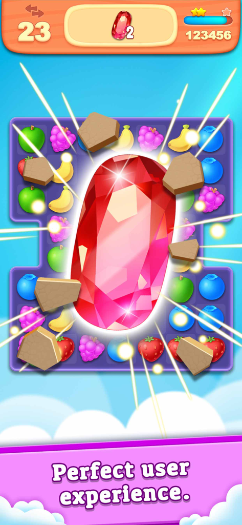 Fruit Splash Glory - Fruit Splash Glory mobile game screenshot showing a large sparkling red gem over a colorful fruit puzzle board.