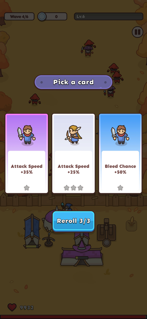 Fort Guardian gameplay showing the pick a card screen with various skill upgrades