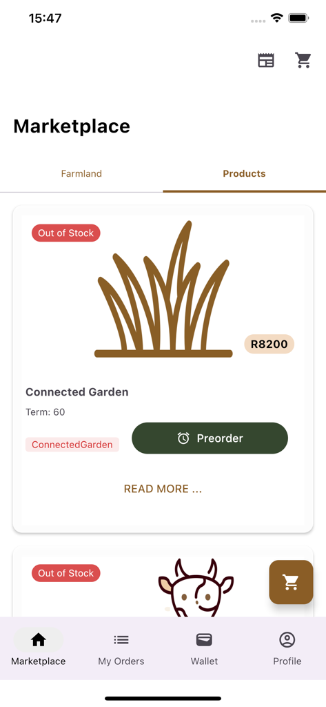 Livestock Wealth - Marketplace screen in the Livestock Wealth app showing agricultural investment products including a connected garden and livestock