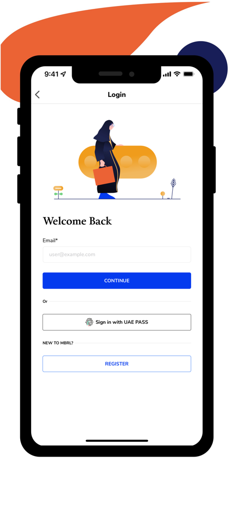 MBRL - Tela de login do aplicativo MBRL mostrando uma mensagem de boas-vindas, campo de entrada de e-mail e opção de login com UAE PASS.