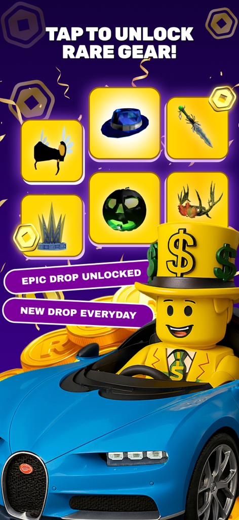 Roblox-inspired app screen showing rare gear rewards and a character in a luxury sports car