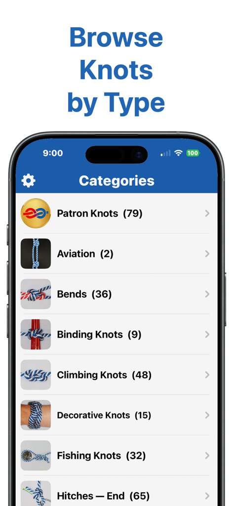 Knot Guide - Knot Guide app interface showing a list of knot categories including climbing, fishing, and decorative knots.
