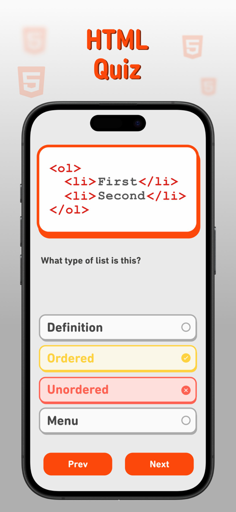 Html Css JavaScript Quiz - Interfaccia dell'app mobile che mostra una domanda del quiz HTML che chiede di identificare un elenco ordinato dal codice.