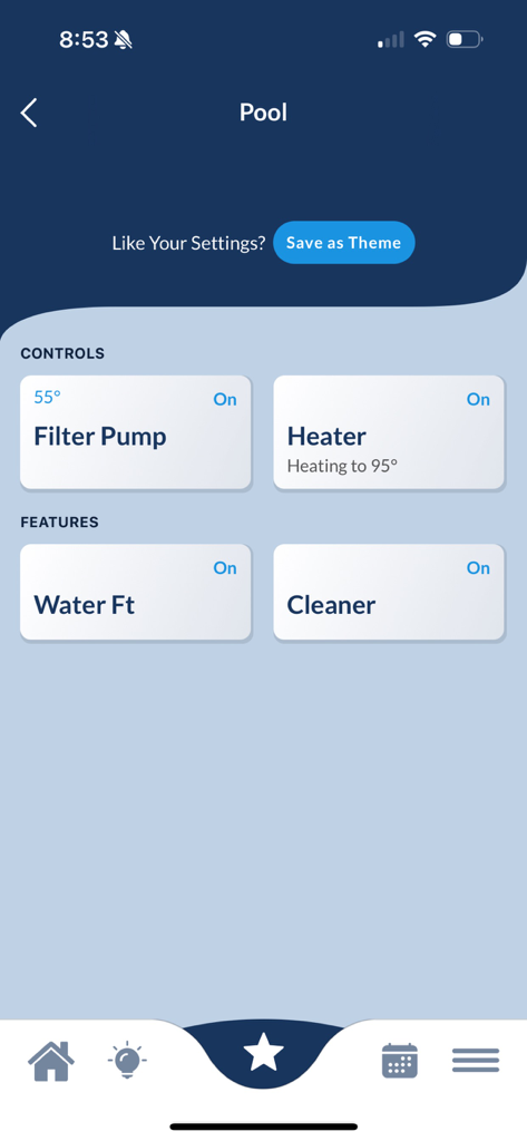 OmniLogic - Dashboard of the OmniLogic app showing pool heater and filter pump controls