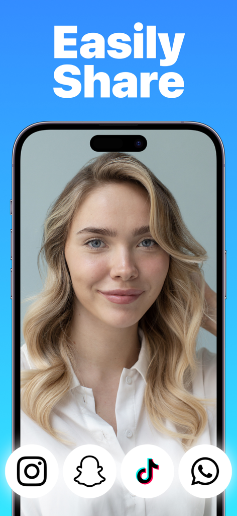 Schermata di uno smartphone che mostra un ritratto di una donna con icone di condivisione sui social media per Instagram Snapchat TikTok e WhatsApp